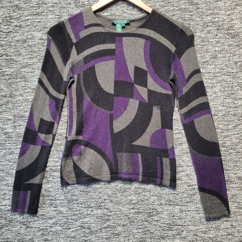 VTG Ralph Lauren Silk Cashmere Sweater Women Petite XS Purple Geometric Abstract